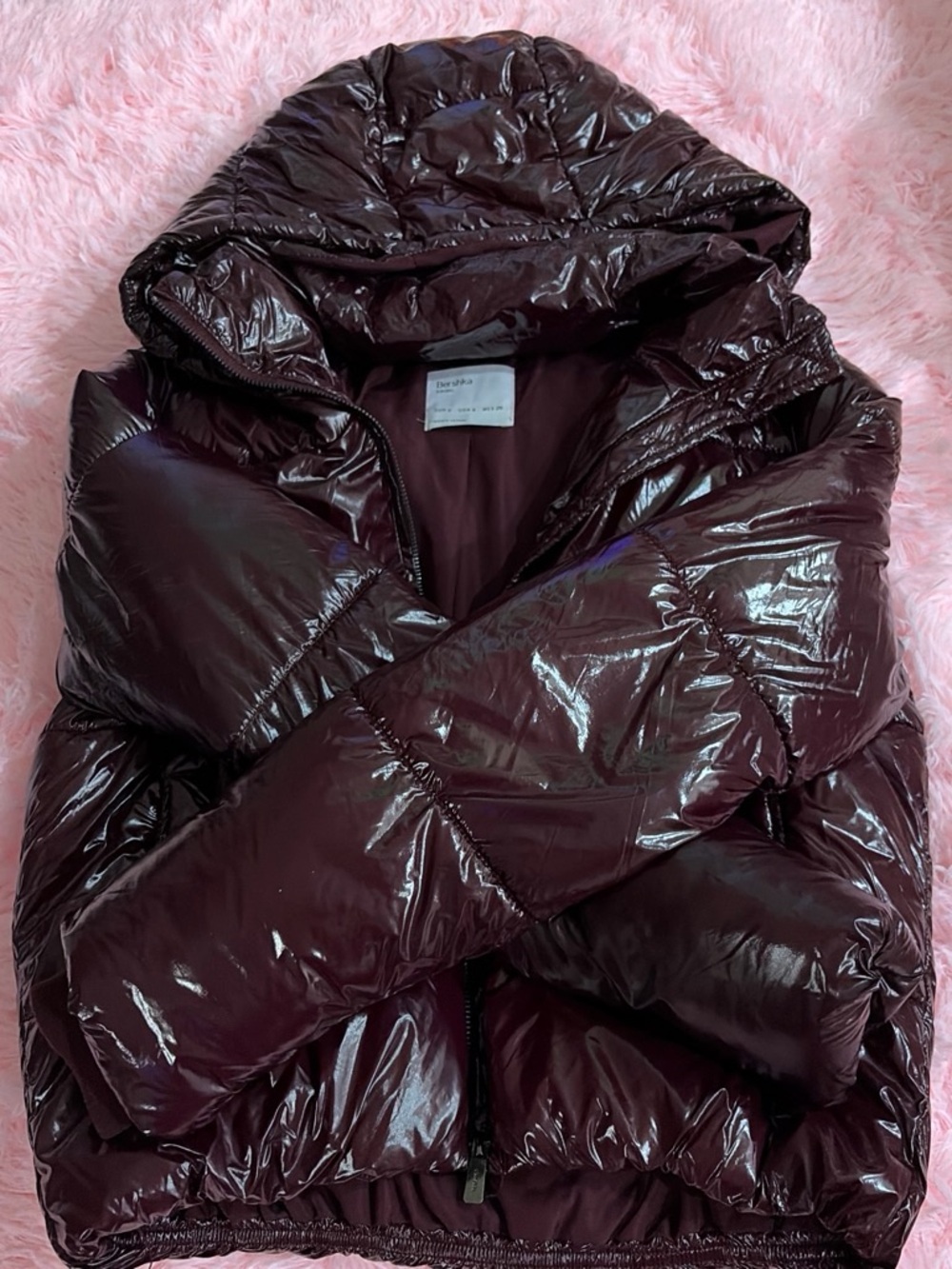 Bershka Shiny Hooded Puffer Jacket - Deep Plum